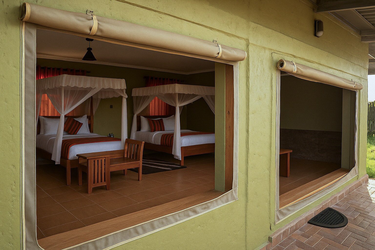 Canvas tent exterior through open window panels
