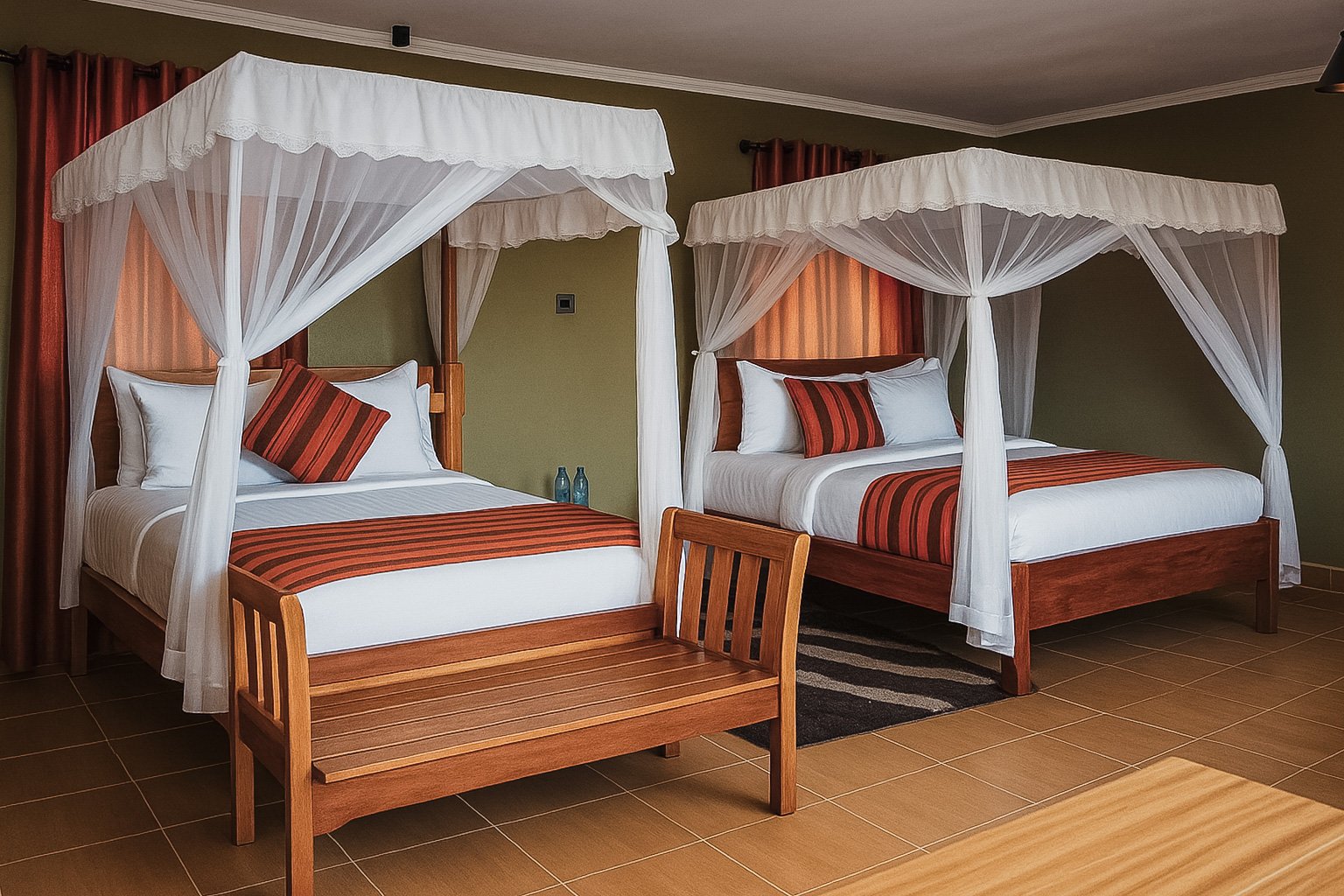 Twin four-poster canopy beds with white mosquito nets and Maasai-inspired linen